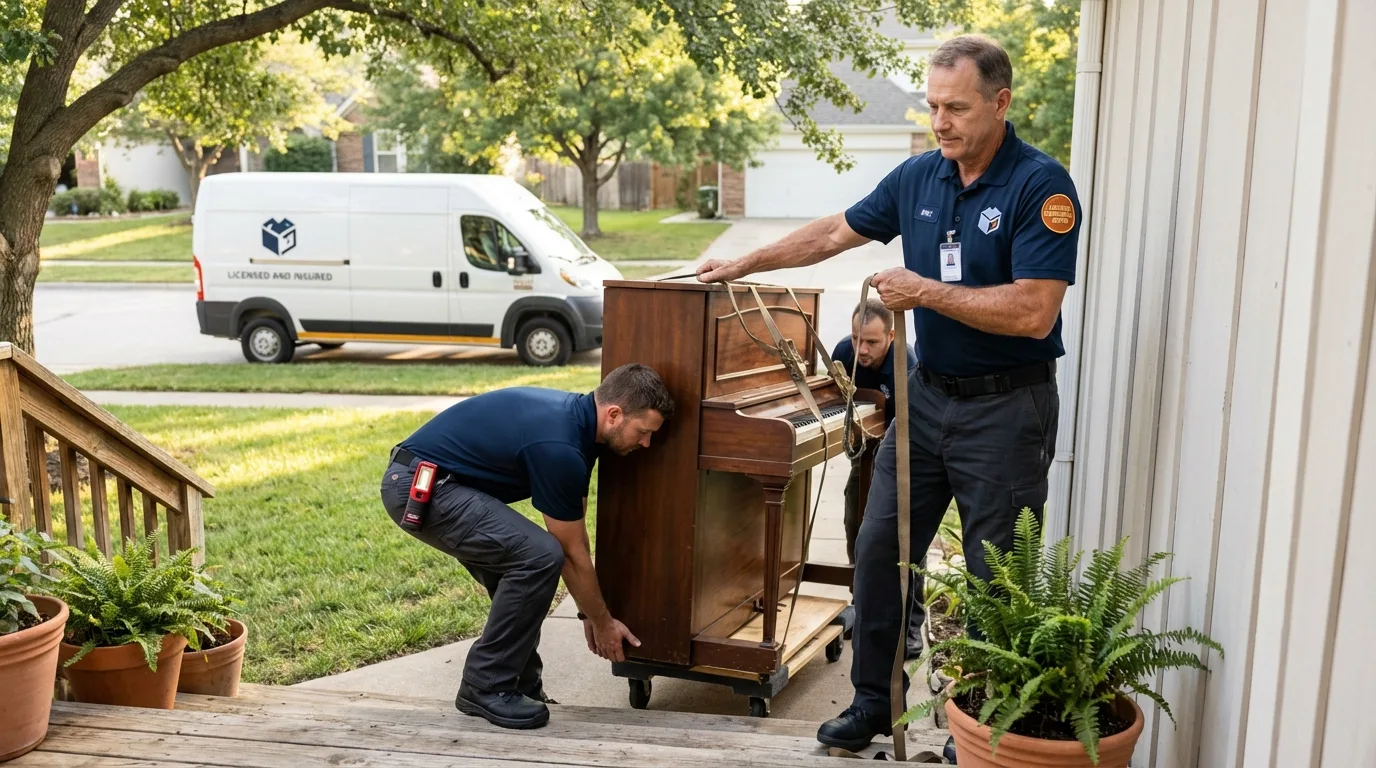 Licensed piano movers securing grand piano in Orangevale, CA