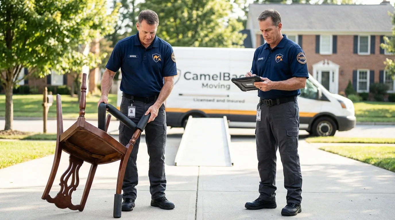 Movers inspecting furniture for damage prevention before loading in Orangevale, CA