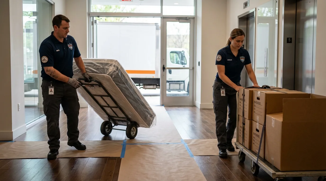 Professional apartment movers loading elevator in Orangevale, CA